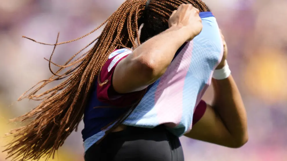 Barcelona's Salma Paralluelo reacts after failing to score during the women's Champions League semifinals, first leg, soccer match between FC Barcelona and Chelsea FC at the Olympic Stadium, in Barcelona, Spain, Saturday, April 20, 2024. (AP Photo/Jose Breton)