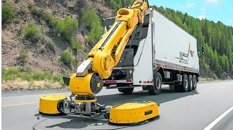 Imagen que recrea un camión que arregla el firme de la carretera con un brazo robotizado. Esta ilustración se ha elaborado con la herramienta Multimedia Mágico de Canva