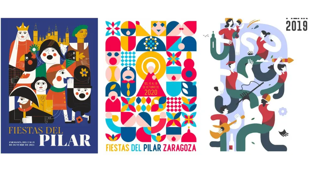 Los carteles de las Fiestas del Pilar de 2024, 2020 y 2021.