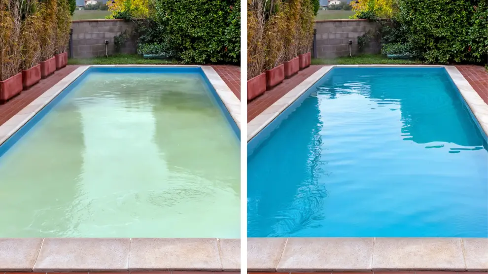 El antes y el después de una piscina privada tras un tratamiento Bellvis en 24 horas.