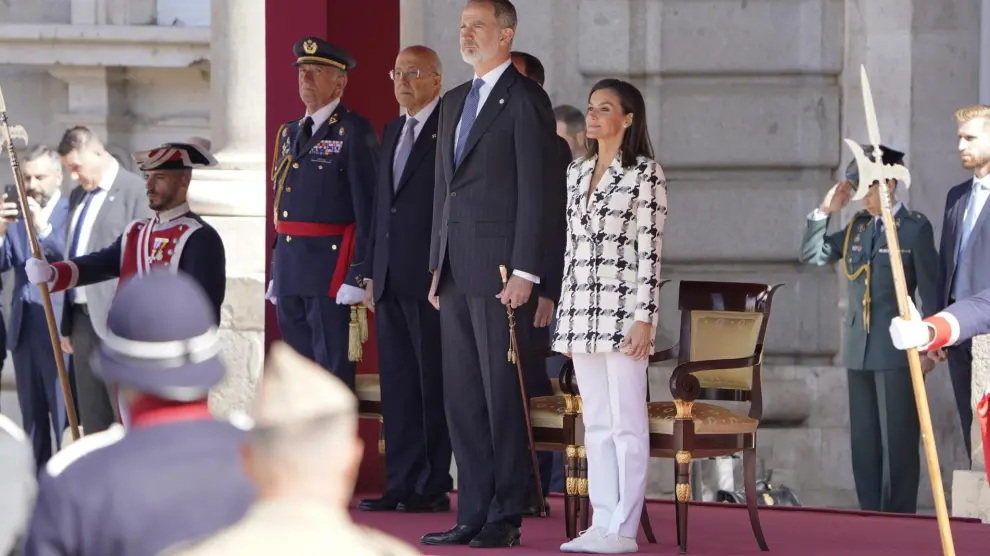 El Rey Felipe VI y la Reina Letizia durante el acto por el Bicentenario de la PolicÌa Nacional, a 08 de mayo de 2024, en Madrid