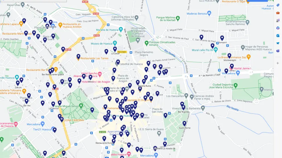 Mapa de los establecimientos abiertos en domingo en Huesca que puede consultarse en https://www.huesca.es/la-ciudad/abierto-los-domingos
