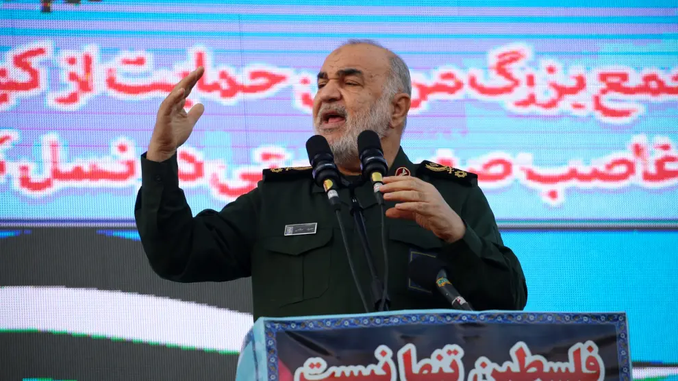 El comandante de la Guardia Revolucionaria de Irán, Hosein Salami, durante un acto en apoyo a la población palestina en la capital iraní, Teherán