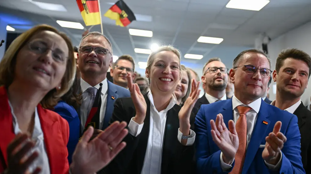 Alternative for Germany (AfD) party co-leaders Alice Weidel and Tino Chrupalla react to results after the polls closed in the European Parliament elections, in Berlin, Germany, June 9, 2024. REUTERS/Annegret Hilse [[[REUTERS VOCENTO]]]