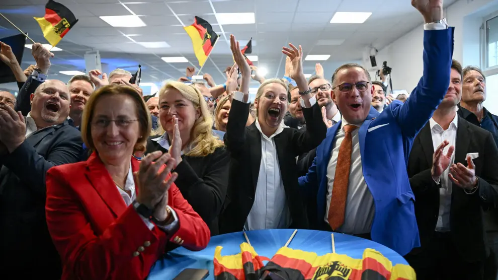 Alternative for Germany (AfD) party co-leaders Alice Weidel and Tino Chrupalla react to results after the polls closed in the European Parliament elections, in Berlin, Germany, June 9, 2024. REUTERS/Annegret Hilse TPX IMAGES OF THE DAY [[[REUTERS VOCENTO]]]