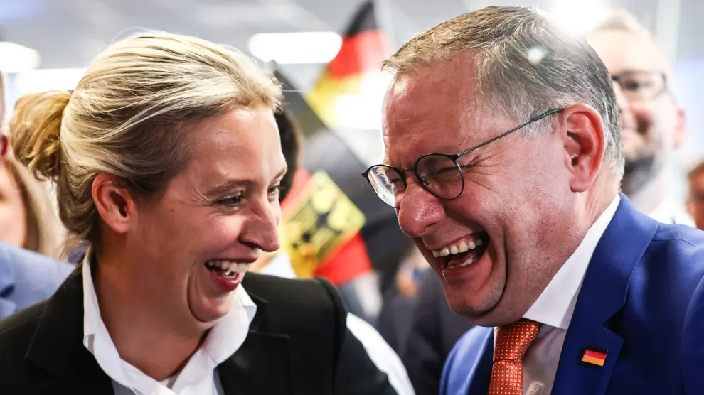 Berlin (Germany), 09/06/2024.- Alternative for Germany (AfD) right-wing political party co-chairman Tino Chrupalla (R) and Alternative for Germany (AfD) right-wing political party deputy chairwoman Alice Weidel (L) celebrate during the Alternative for Germany (AfD) election event in Berlin, Germany, 09 June 2024. The European Parliament elections take place across EU member states from 06 to 09 June 2024, with the European elections in Germany being held on 09 June. (Elecciones, Alemania) EFE/EPA/FILIP SINGER
