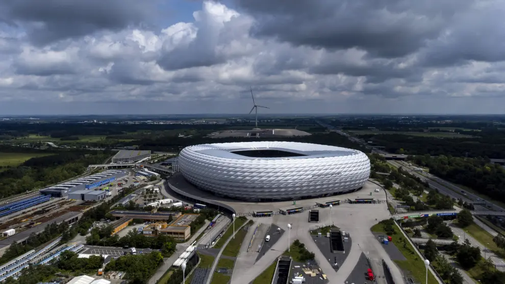 FILE - Aerial view of the Munich Euro 2024 stadium in Munich, Germany, Friday, June 7, 2024. Munich will host six matches at the European soccer Championships. The Euros kick off in Munich, Friday June 14, when host country Germany plays Scotland at Bayern Munich's Allianz Arena. The tournament begins with six groups of four teams. (AP Photo/Matthias Schrader, File)