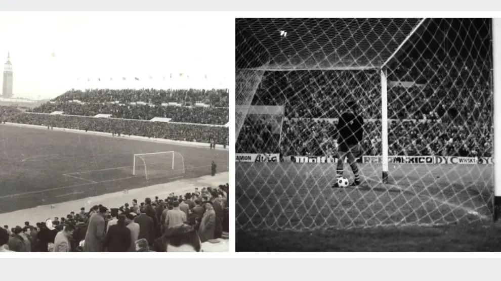La la izda., La Romareda en los años 60, con las porterías con hierros; la dcha., ya en los 70, un plano perfecto con la profundidad de las redes de tensores, enormes, que son el ADN del estadio del Real Zaragoza.