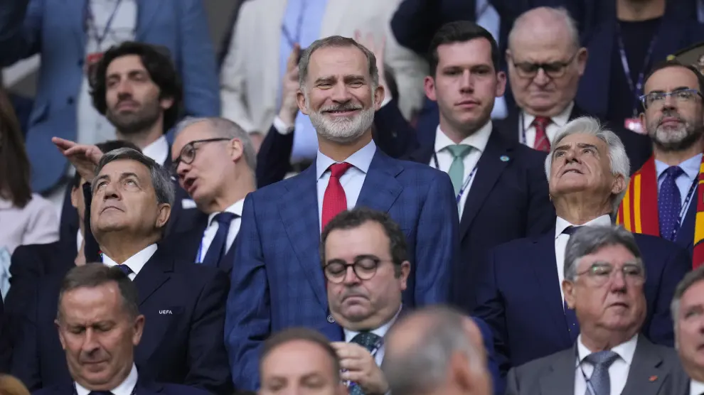 Felipe VI, King of Spain, watches from the stands before during a Group B match between Spain and Italy at the Euro 2024 soccer tournament in Gelsenkirchen, Germany, Thursday, June 20, 2024. (AP Photo/Manu Fernandez)
