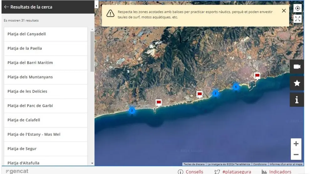 Imagen de las playas con bandera roja este lunes en la costa de Tarragona