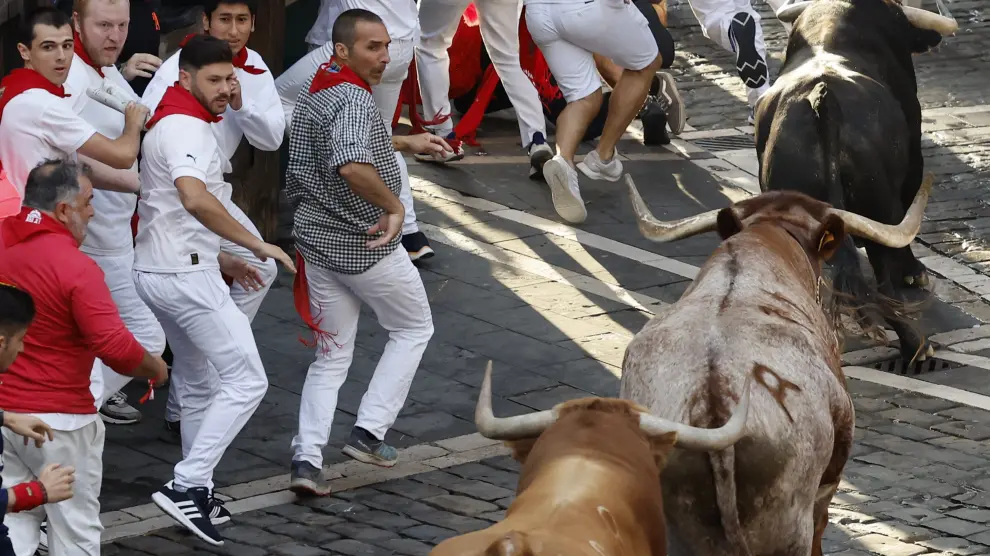 Los toros de la ganadería de Domingo Hernández Martín se dirigen hacia la calle Mercaderes en el quinto encierro de los Sanfermines este jueves en Pamplona.