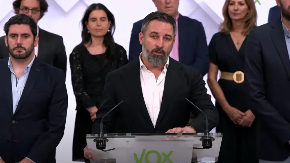 Santiago Abascal y Alejandro Nolasco en la rueda de prensa de Vox este jueves.