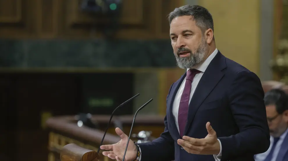 El líder de Vox, Santiago Abascal, interviene este miércoles en el Congreso, donde el presidente del Gobierno, Pedro Sánchez, presenta el plan de calidad democrática.