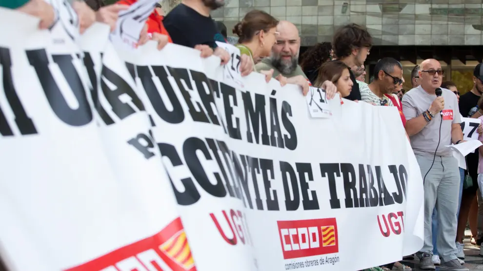 Concentración de los sindicatos contra la siniestralidad laboral en Zaragoza el pasado 16 de julio.