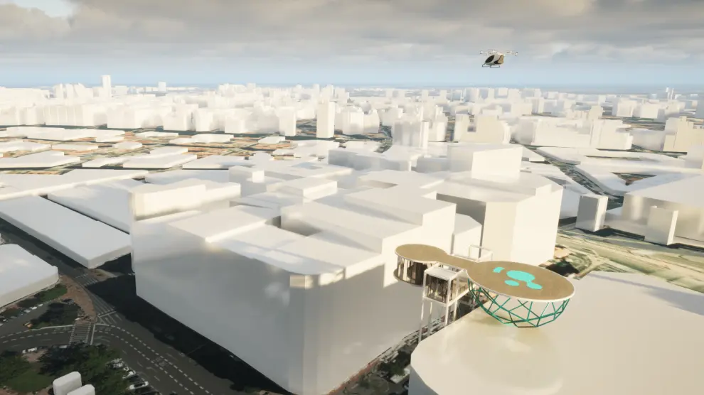 Recreación de un puerto para aterrizaje y despegue de drones en vertical en una ciudad diseñado por Vertiports Network.