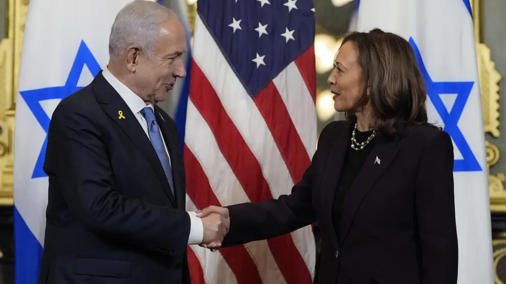 Vice President Kamala Harris, right, shakes hands with Israeli Prime Minister Benjamin Netanyahu before a meeting at the Eisenhower Executive Office Building on the White House complex in Washington, Thursday, July 25, 2024. (AP Photo/Julia Nikhinson)