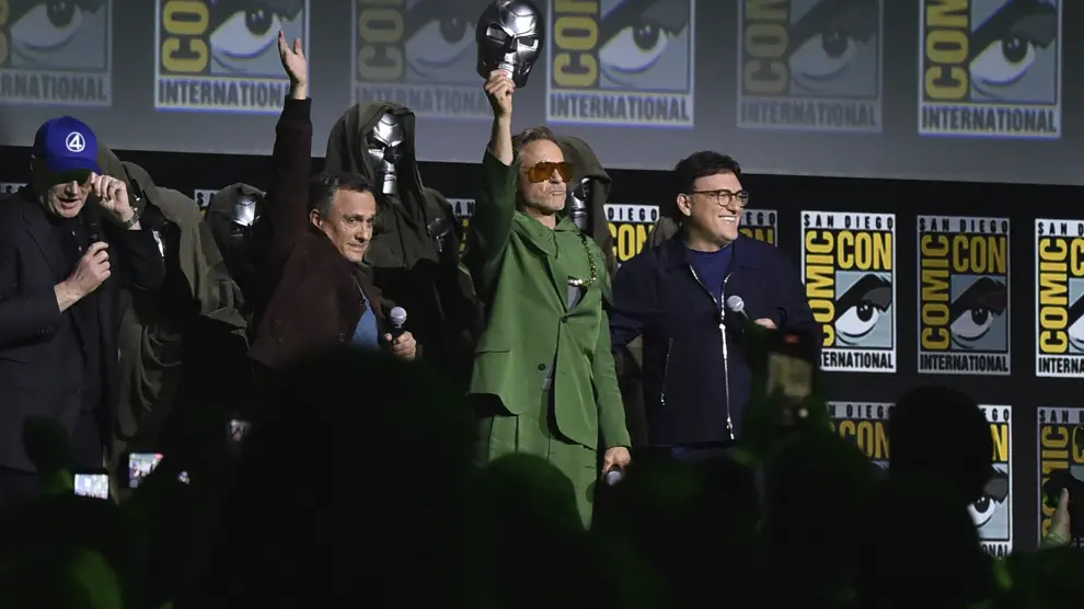 Kevin Feige, from left, Joe Russo, Robert Downey Jr., and Anthony Russo attend a panel for Marvel Studios during Comic-Con International on Saturday, July 27, 2024, in San Diego. (Photo by Richard Shotwell/Invision/AP)