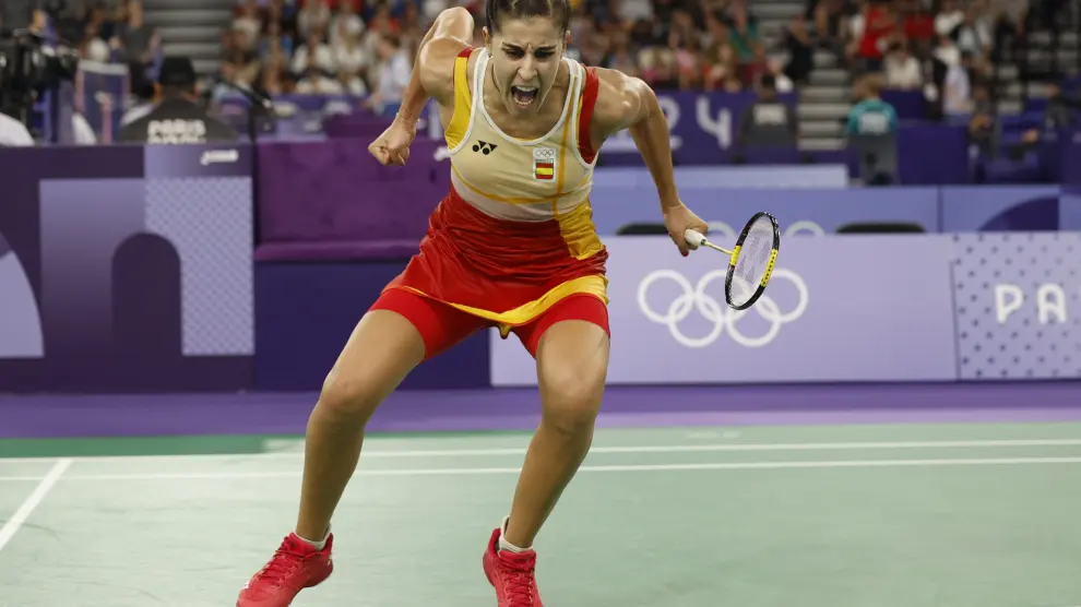 Carolina Marín celebra el pase a cuartos de final en los Juegos Olímpicos.