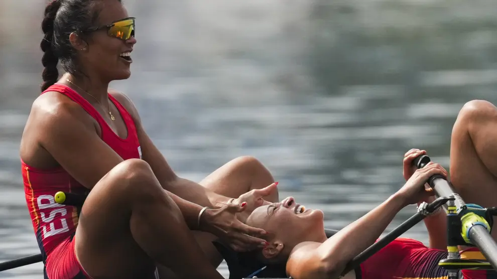 Spain's Aina Cid I Centelles and Esther Briz Zamorano react after competing in the women's pair rowing final at the 2024 Summer Olympics, Friday, Aug. 2, 2024, in Vaires-sur-Marne, France. (AP Photo/Lindsey Wasson)