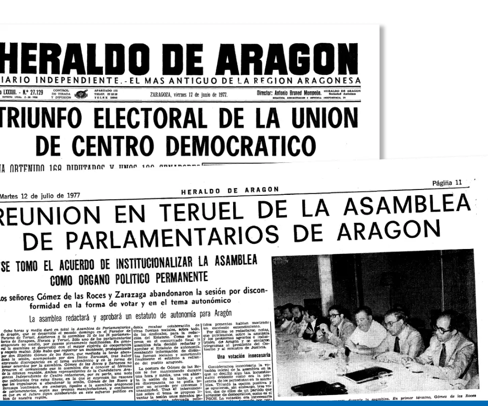La Asamblea de Parlamentarios se reunió en julio de 1977. HERALDO relata en su crónica que el encuentro tuvo lugar en el Parador Turístico de Teruel y que duró 8 horas. A la cita acudieron 25 de los 26 parlamentarios de Zaragoza, Huesca y Teruel electos en las elecciones generales un mes antes.