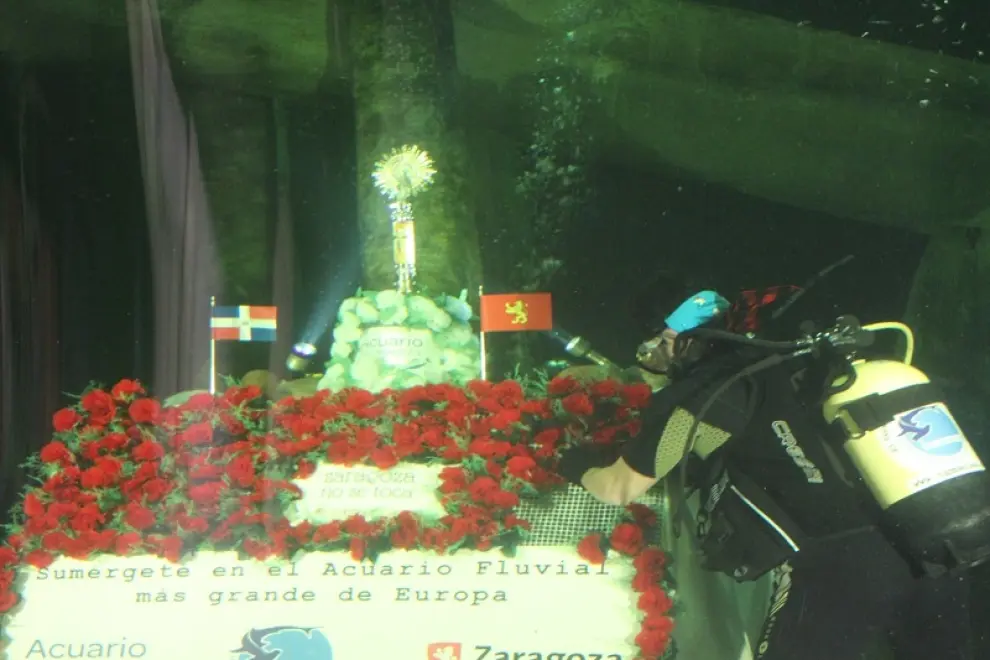 Ofrenda subacuática en el Acuario de Zaragoza a la Virgen del Pilar