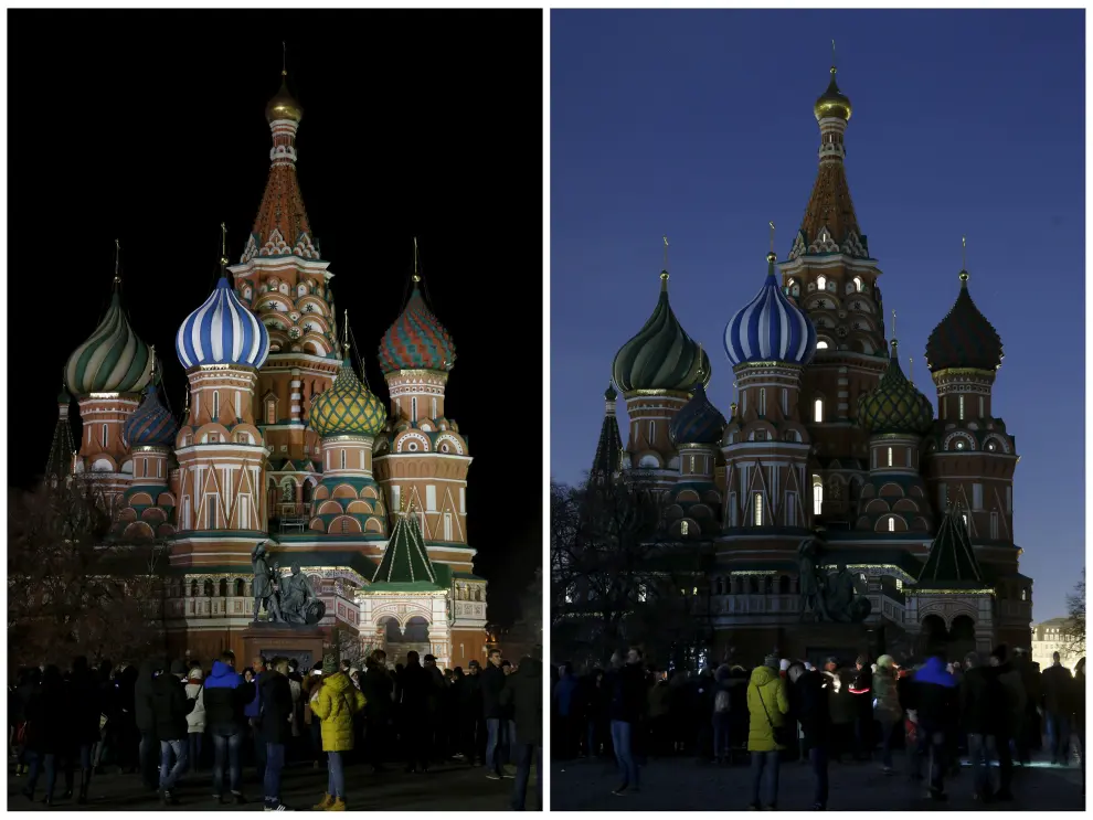 La catedral de San Basilio de Moscú también apaga sus luces en los últimos años con motivo de la Hora del Planeta.