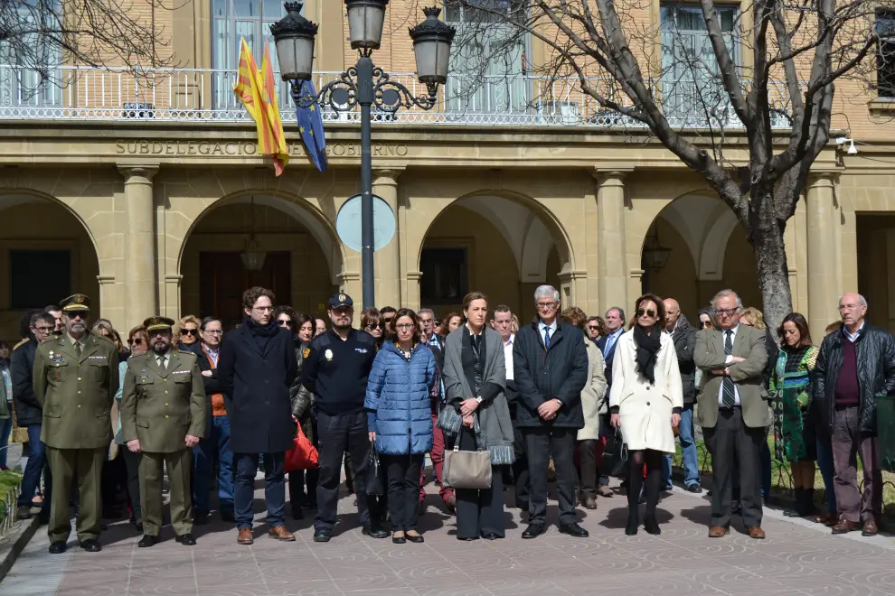 Minuto de silencio de la Subdelegada del Gobierno en Huesca, María Teresa Lacruz, tras el acto celebrado ahora en Plaza Cervantes en recuerdo  de las víctimas de los atentados perpetrados este martes en Bruselas.