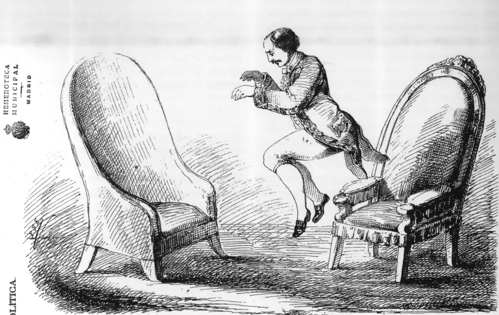 'El salto de las poltronas'. Dibujo de Paulino Savirón que representa a un político o funcionario cambiando de poltrona.