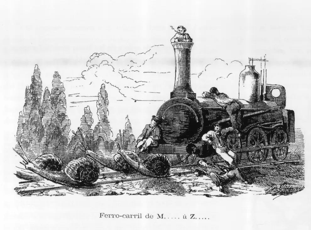 Crítica a la lentitud del tren de Madrid a Zaragoza. La locomotora aparece tirada por caracoles. Dibujo de Agustín Peiró.