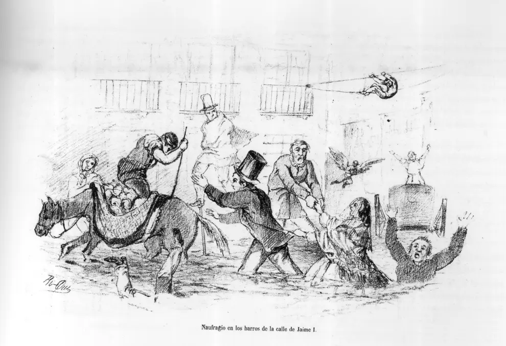 Ilustración de Agustín Peiró satirizando las inundaciones y 'los barros' en la calle de don Jaime de Zaragoza. 1862.