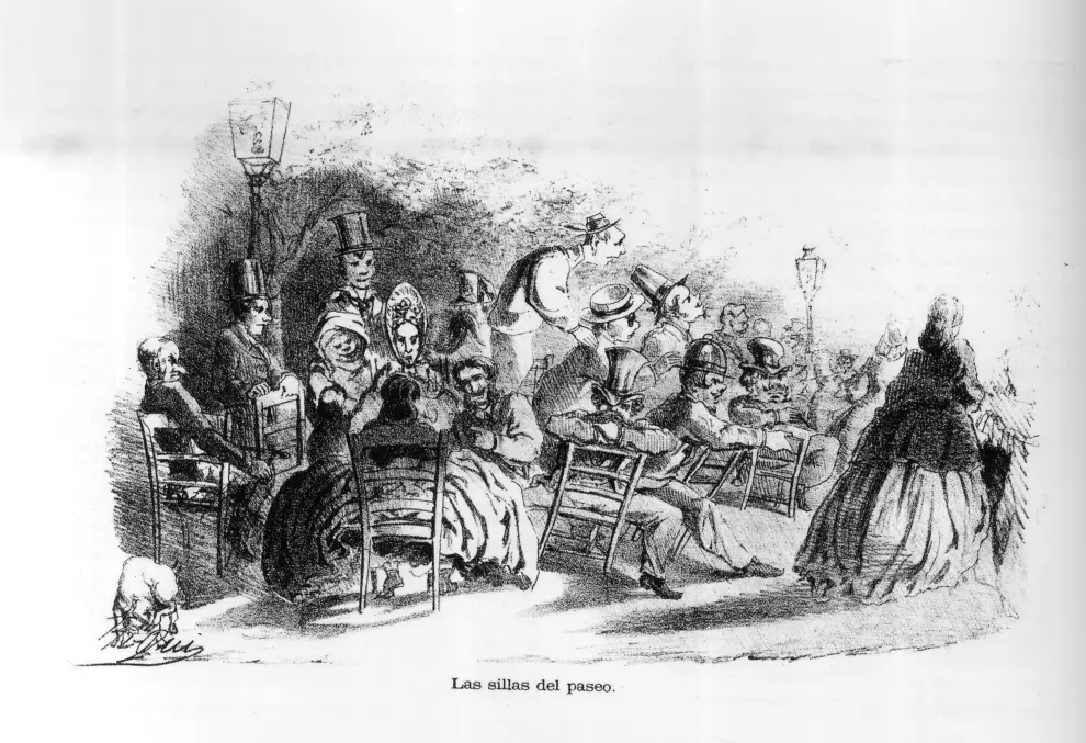 Otra ilustración de Peiró, 'Las sillas del paseo'. Retrato costumbrista del paseo de la Independencia zaragozano una tarde de verano. 1862.