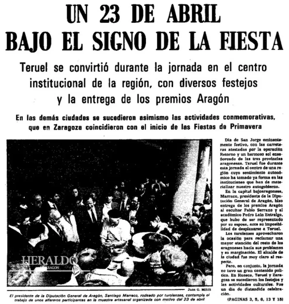 Portada de Heraldo del 24 de abril de 1984 con la crónica de la manifestación del día de San Jorge