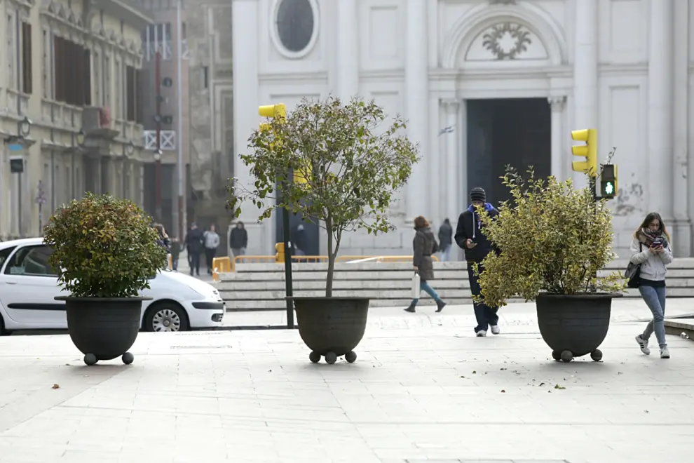 Los grandes maceteros para evitar atentados con vehículos ya están colocados en la plaza del Pilar.