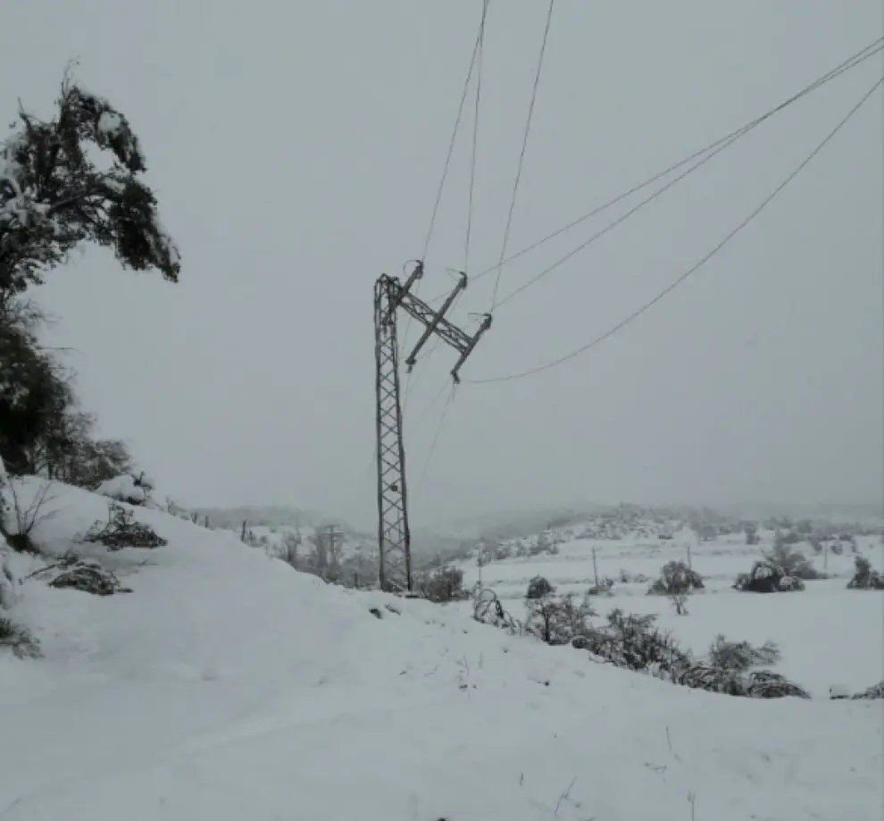 Un poste eléctrico caído por el temporal de nieve en Perarrúa (Ribagorza).