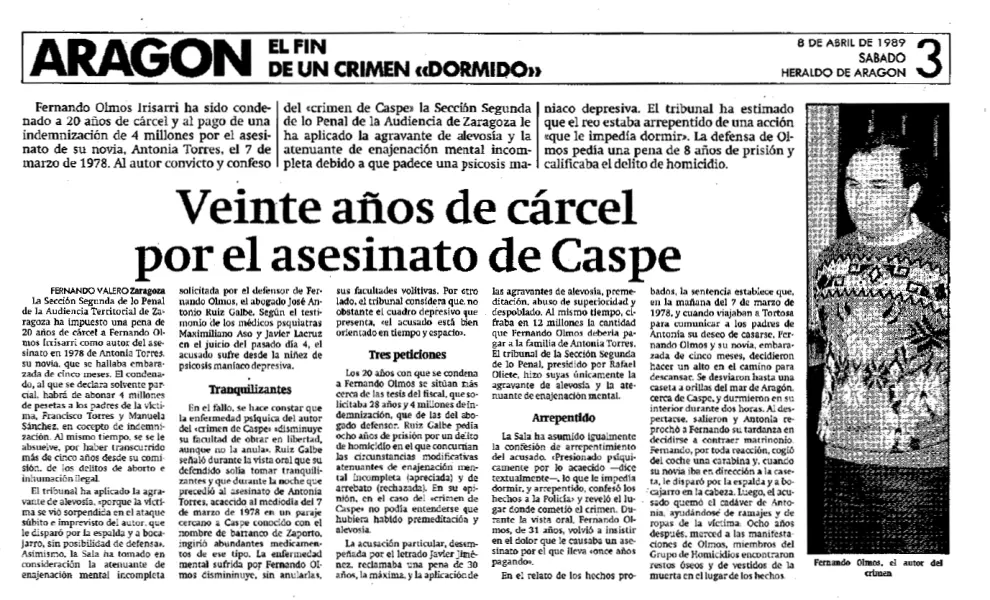 Noticia publicada por HERALDO DE ARAGÓN el 8 de abril de 1989 con la sentencia condenatoria a Fernando Olmos por el crimen de Caspe