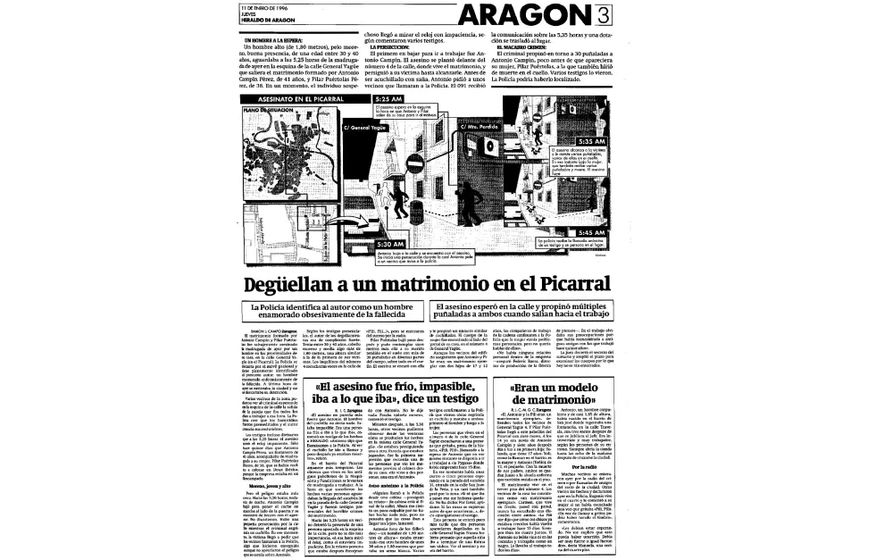 Noticia publicada en HERALDO el 11 de enero de 1996 sobre el asesinato en Zaragoza de Pilar Puértolas, 'Lady Halcón' y Antonio Campín.