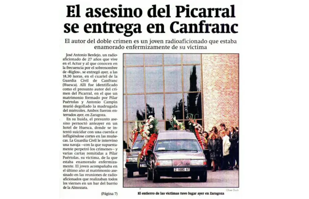 Noticia publicada el 13 de enero de 1996 en la portada de HERALDO sobre la detención de José Antonio Berdejo, 'Riglos', autor confeso del crimen de los radioaficionados.
