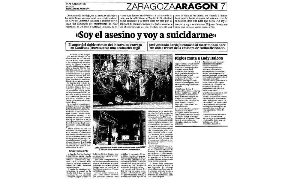 Noticia publicada en HERALDO el 13 de enero de 1996 sobre la huida y posterior detención de José Antonio Berdejo, 'Riglos', autor de los asesinatos de Pilar Puértolas y Antonio Campín.