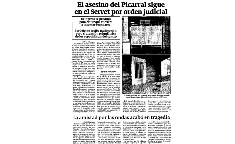Noticia publicada en HERALDO el 15 de enero de 1996 en la que se explica que José Antonio Berdejo, 'Riglos', estaba detenido en el área de vigilancia del Hospital Miguel Servet para evitar que se suicidara.