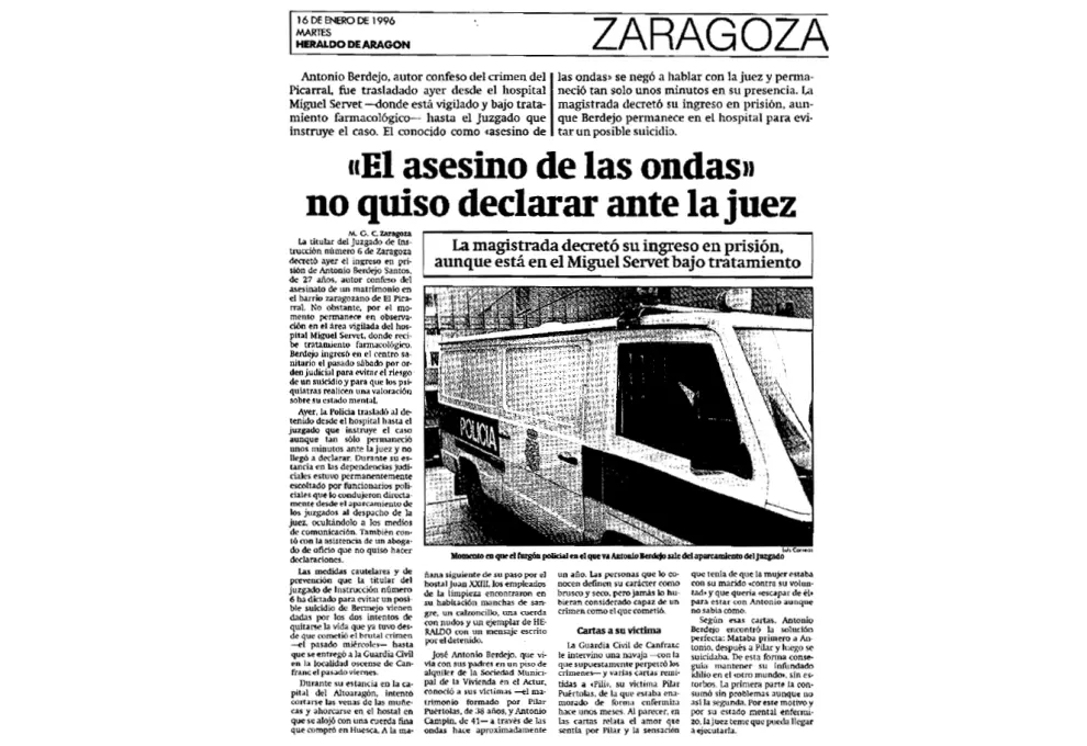 Noticia publicada el 16 de enero de 1996 en HERALDO sobre la negativa de 'Riglos' a declarar ante el juez.