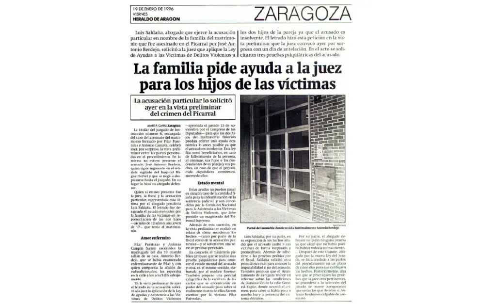 Artículo publicado en HERALDO el 19 de enero de 1996 con la petición de ayuda de la familia de las víctimas para sus dos hijos.