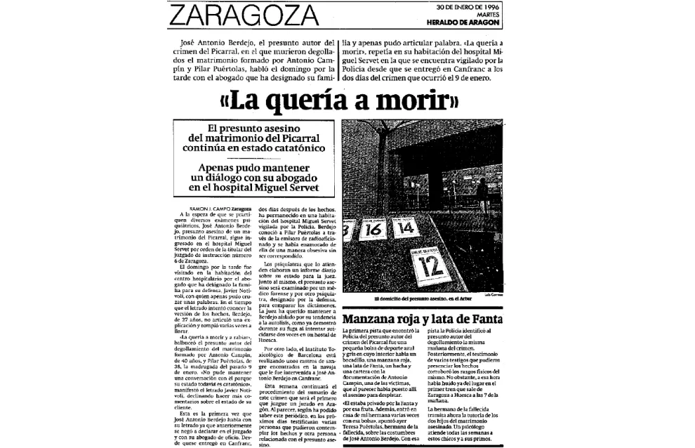 Noticia publicada en HERALDO el 30 de enero de 1996 con las primeras palabras de José Antonio Berdejo, 'Riglos', a su abogado sobre 'Lady Halcón'.