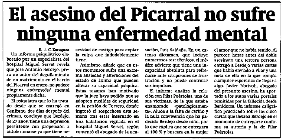 Noticia publicada en HERALDO el 17 de febrero de 1996 sobre el informe de un especialista en psiquiatría del Servet tras haber examinado a José Antonio Berdejo.