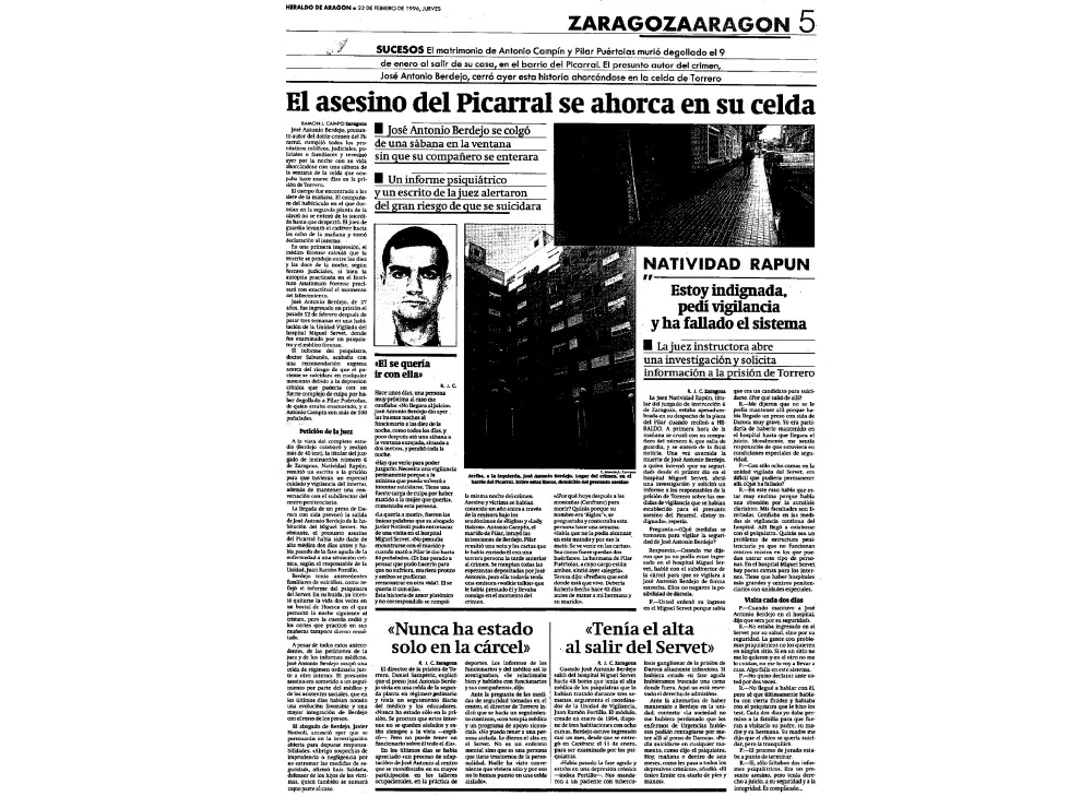 Noticia publicada el 22 de febrero de 1996 en HERALDO sobre el suicidio de José Antonio Berdejo, más conocido como 'Riglos', asesino de Pilar Puértolas, 'Lady Halcón' y Antonio Campín.