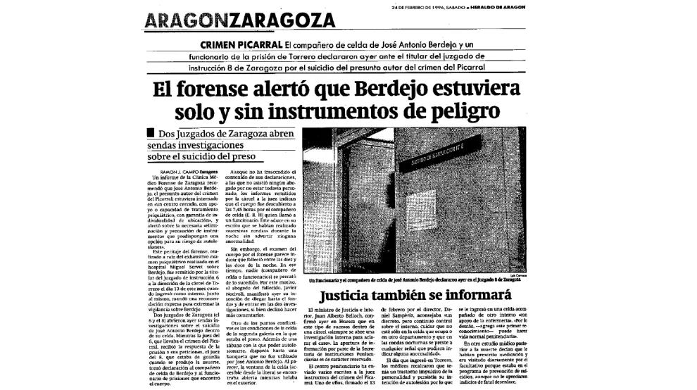 Artículo publicado en HERALDO el 25 de febrero de 1996 sobre los diarios que José Antonio Berdejo, alias 'Riglos', asesino de Pilar Puértolas y Antonio Campín, escribió durante su estancia en el hospital Miguel Servet y en la cárcel de Torrero.