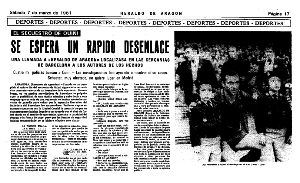 Noticia del 7 de marzo de 1981 publicada en HERALDO sobre las últimas indagaciones respecto al secuestro de Quini
