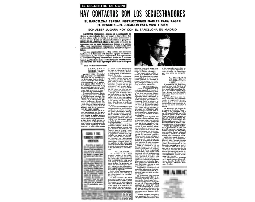 Noticia publicada en HERALDO el 8 de marzo de 1981 sobre los contactos entre los secuestradores y el FC Barcelona, dispuesto a pagar el rescate