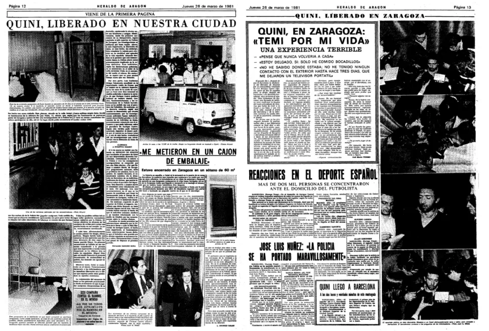 Amplio reportaje publicado el 26 de marzo de 1981 sobre la liberación de Quini en Zaragoza tras 25 días secuestrado