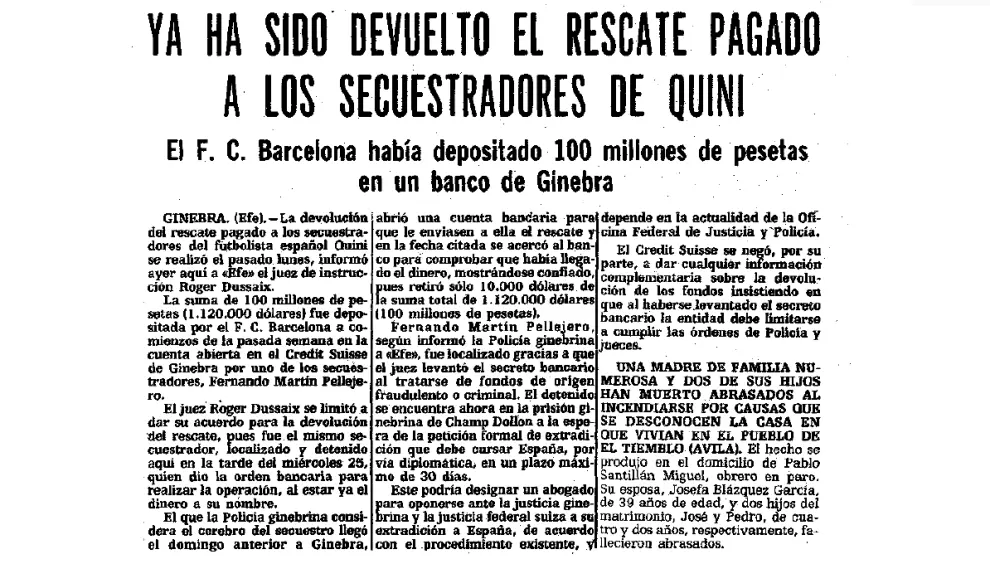 Noticia publicada en HERALDO el 3 de abril de 1981 sobre la devolución al FC Barcelona de los 100 millones de pesetas que había depositado en un banco suizo como pago por el rescate de Quini