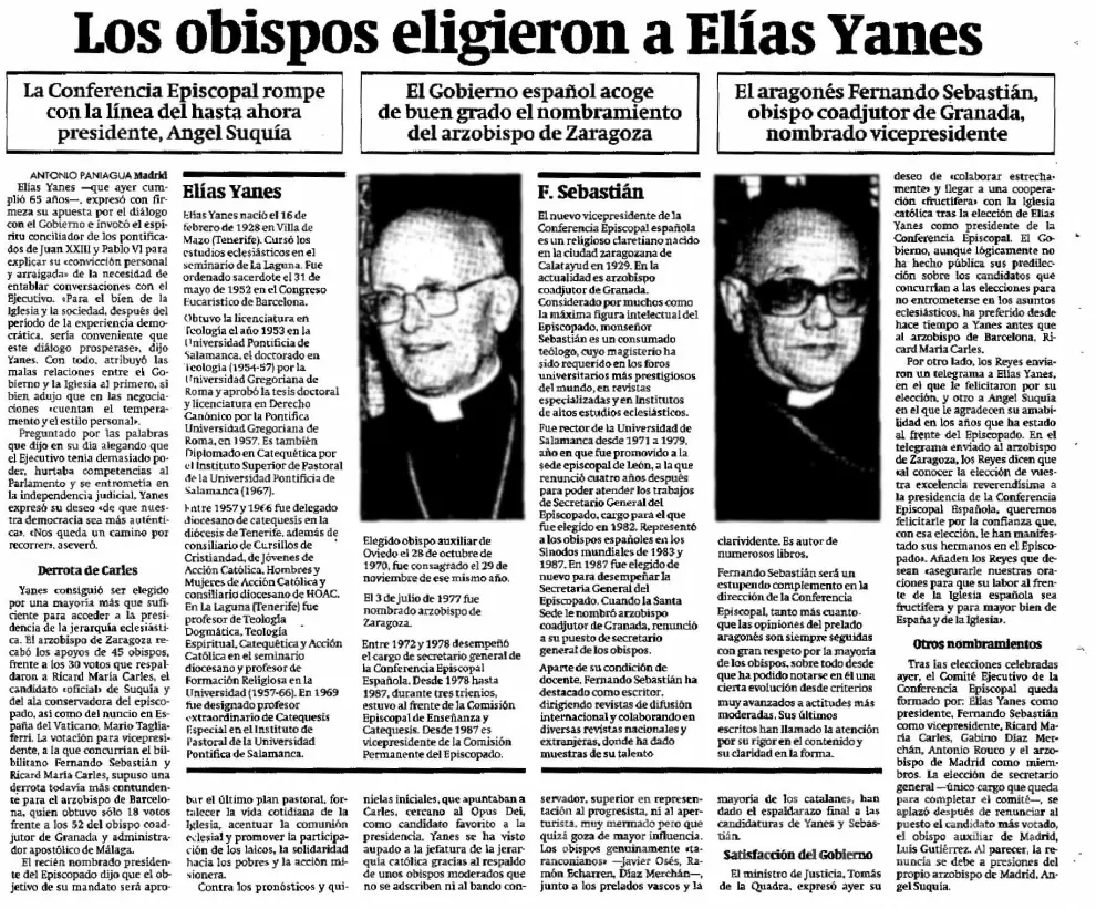 El 16 de febrero de 1993, la Conferencia Episcopal elige a Elías Yanes como su presidente, coincidiendo con su 65º cumpleaños. Así lo contó HERALDO en sus páginas